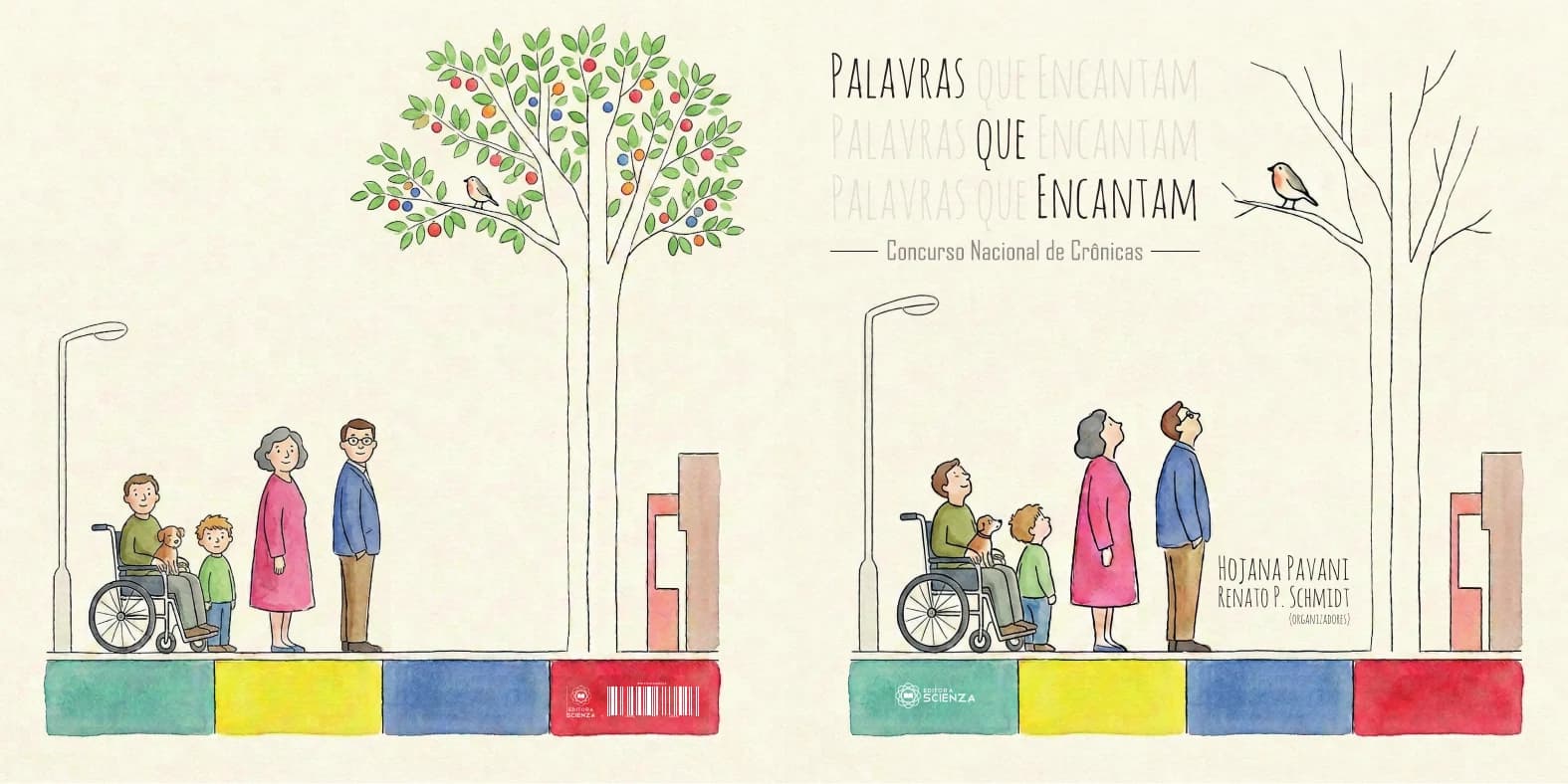 Ilustração da capa de Palavras que Encantam, com pessoas reunidas sob uma árvore